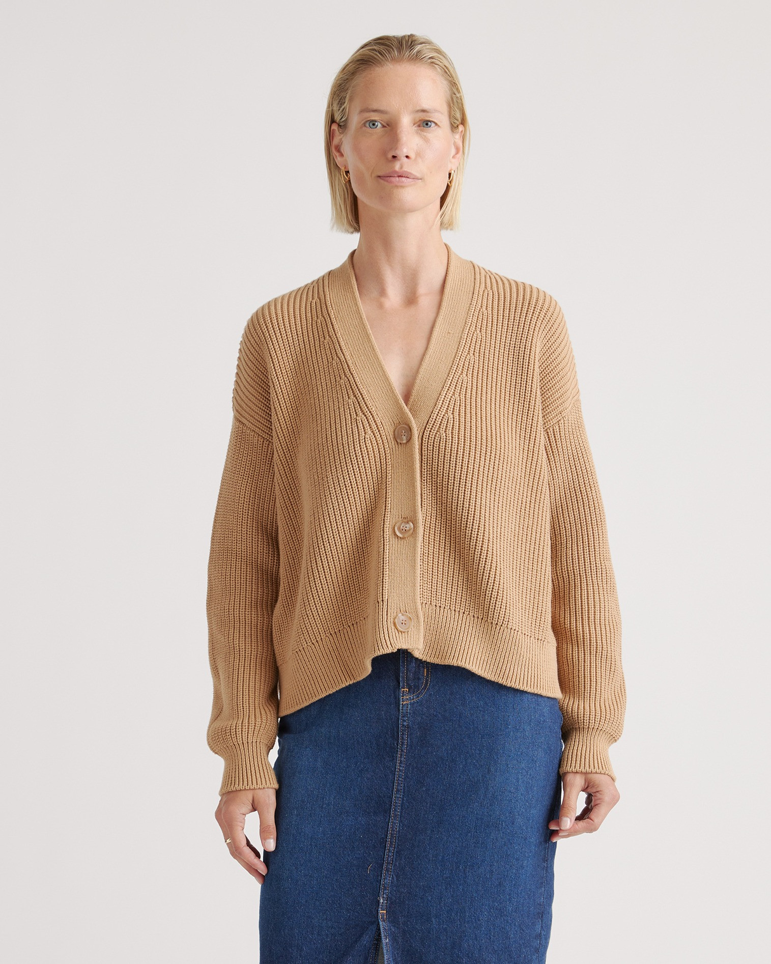 Quince | Women's Fisherman Boxy Cropped Cardigan Sweater in Camel, Size Small, Organic Cotton | Quince