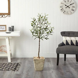 52" Olive Artificial Tree in Country White Planter - 16” x 16” x 52” (D x W x H) - Bed Bath... | Bed Bath & Beyond
