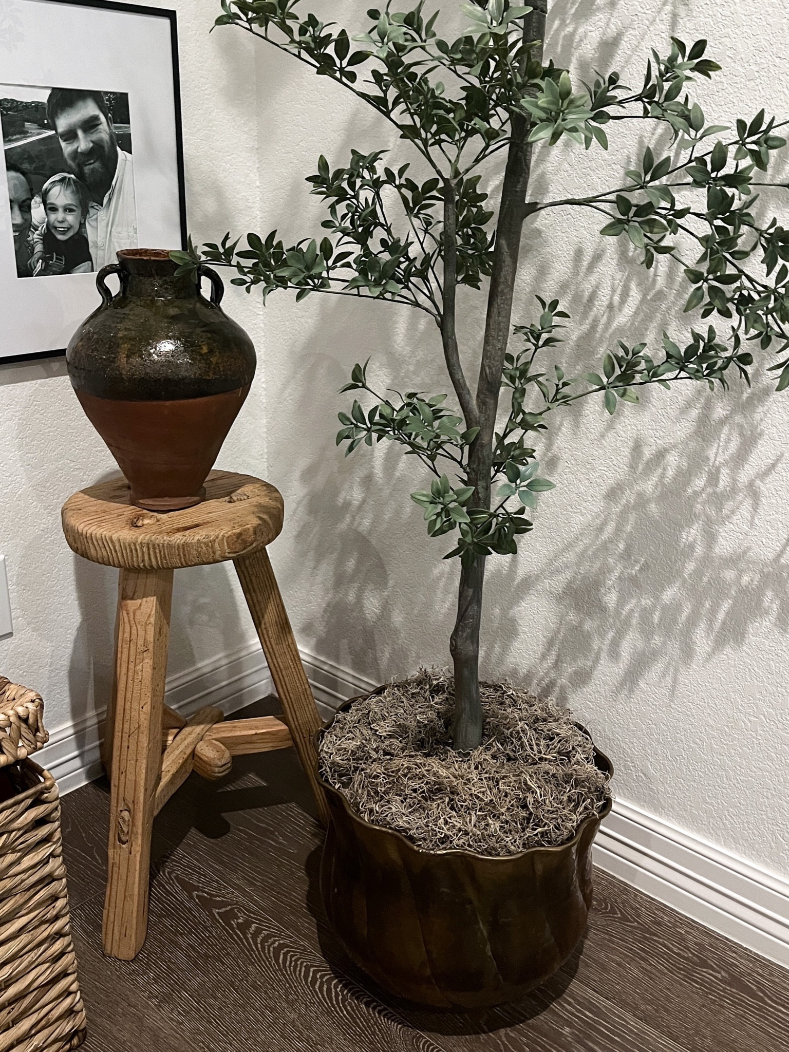 Transitional home decor, cozy corner, shady lady, black olive tree, moss, scalloped brass planter, handmade stool, vintage vessel, gallery wall 

#LTKstyletip #LTKhome #LTKfindsunder50