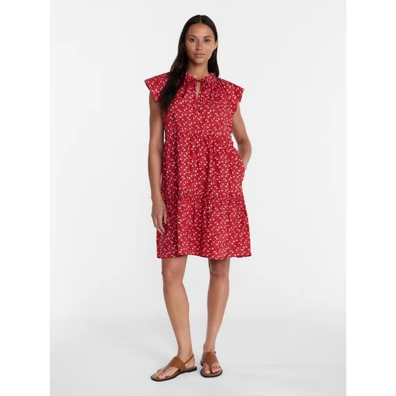 Time and Tru Women's and Women's Plus Tiered Cotton Mini Dress with Flutter Sleeves, Sizes XS-4X | Walmart (US)