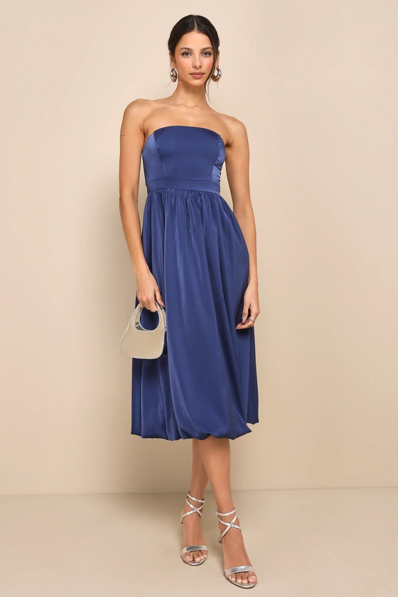 Lavish Elegance Navy Blue Satin Strapless Bubble-Hem Midi Dress | Lulus