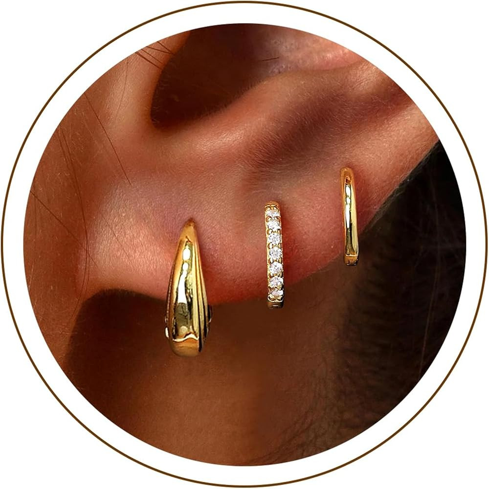 Poxtex Small Sterling Silver Huggie Hoop Earrings Set for Women, Hypoallergenic 14K Gold Plated H... | Amazon (US)