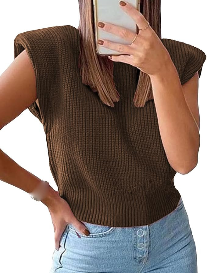 xxxiticat Women's Shoulder Pad Sweater Sleeveless Turtleneck Wide Shoulder Knitted Sweater Vest C... | Amazon (US)