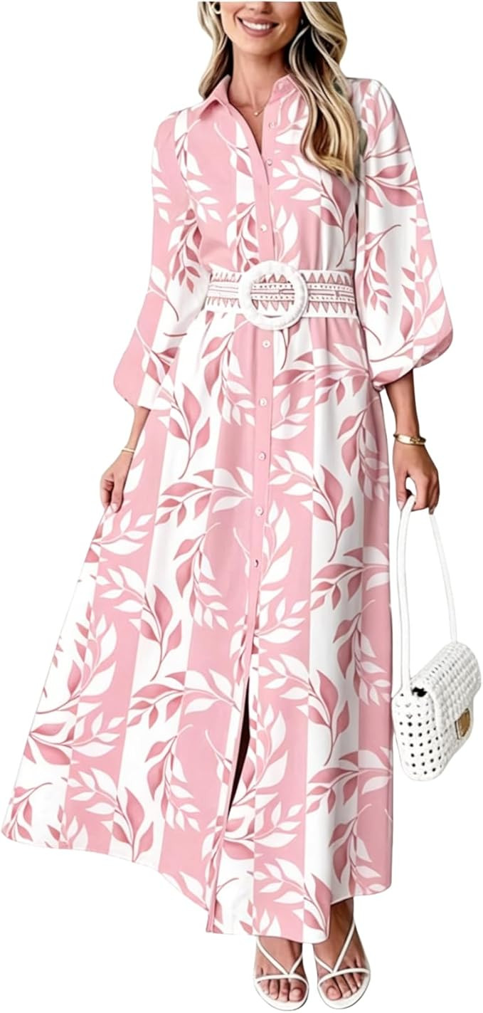 Floral Dress for Women 2026 Summer Boho Maxi Dresses Casual Long Sleeve Button Down Tie Waist Shi... | Amazon (US)