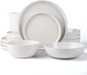 ARORA SKUGGA Round Stoneware 16pc Double Bowl Dinnerware Set for 4, Dinner and Side Plates, Cerea... | Amazon (US)