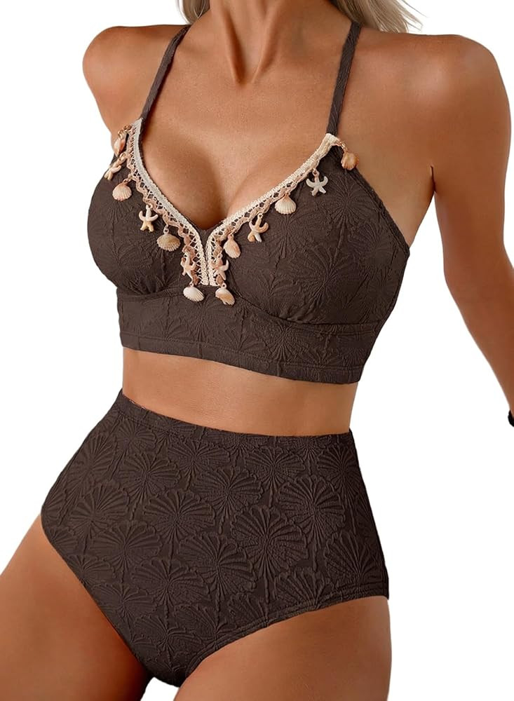 Herseas Women's Seashell Textured Bikini Sets Stitching Ribbon Shell Decoration Swimsuits High Wa... | Amazon (US)