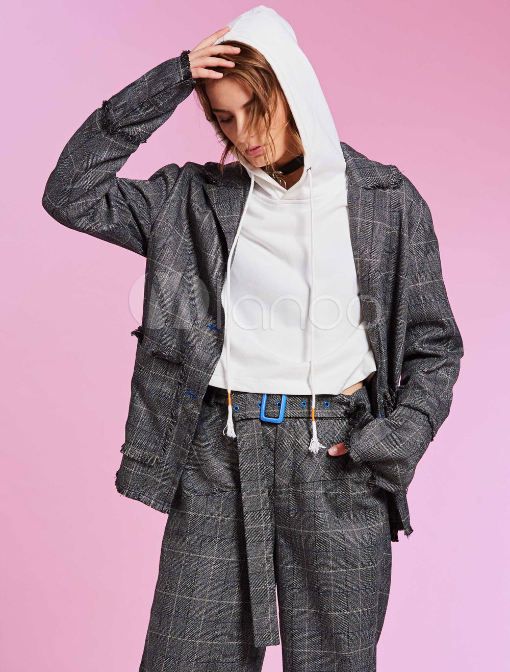 Women Blazer Jacket Plaid Deep Grey Long Sleeve Notch Collar Spring Jacket | Milanoo