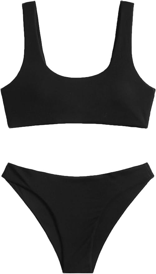 SweatyRocks Women's Swimwear Set Solid Scoop Neck High Waisted Bikini Swimsuits | Amazon (US)