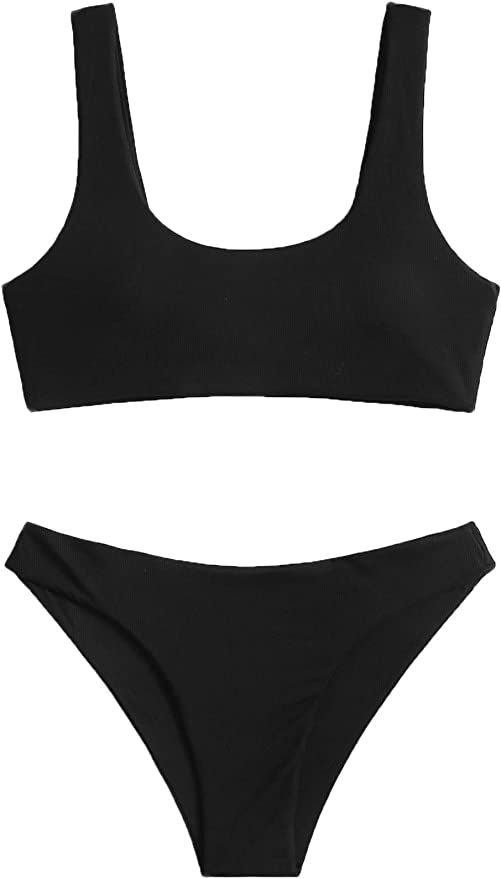 SweatyRocks Women's Swimwear Set Solid Scoop Neck High Waisted Bikini Swimsuits | Amazon (US)