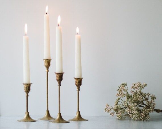 Set of 4 Vintage Skinny Brass Candle Sticks | Brass Candle Holders | Modern Farmhouse Wedding Dec... | Etsy (US)