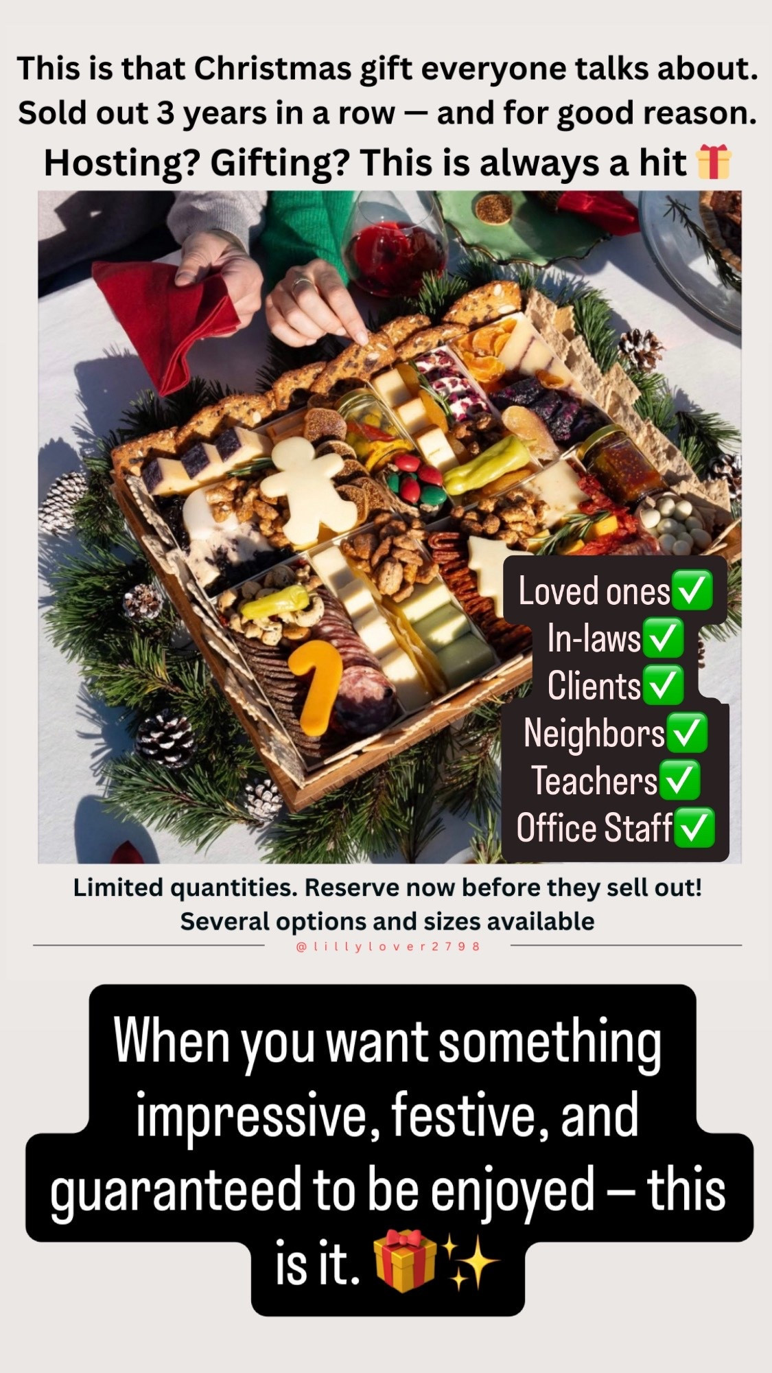 Gift Idea

This is that Christmas gift everyone talks about.
Sold out 3 years in a row — and for good reason.

If you’re still searching for a crowd-pleasing, no-stress holiday gift, this gourmet charcuterie box is perfect for loved ones, in-laws, clients, neighbors, teachers, or office staff. It’s beautifully presented, feels special, and requires zero wrapping on your end.

Perfect for:
• Holiday entertaining
• Thank-you gifts
• Family gatherings
• Last-minute Christmas gifting

When you want something impressive, festive, and guaranteed to be enjoyed — this is it. 🎁✨

Holiday gift idea, Christmas gift, gourmet gift, food gift, hostess gift, client gift, corporate gift, office gift, in-laws gift, family gift, last minute Christmas gift, edible gift, entertaining essential, holiday hosting, luxury food gift, unique gift idea

christmasgiftideas
#holidaygiftguide
#lastminutegifts
#hostessgift
#foodiegift
#ediblegifts
#giftideas2025
#holidayhosting
#corporategifts
#clientgift
#inlawgift
#christmasentertaining
#ltkholiday
#ltkgiftguide
#ltkhome
#giftinspo
#ltkparties 
