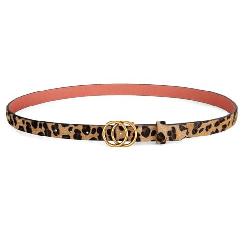 SANSTHS Double Ring Leather Belts for Women O-Style Gold Buckle Thin Dress Belt for Jeans Pants, Leopard | Amazon (US)