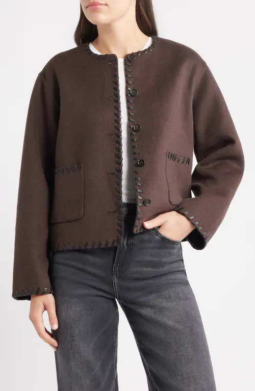 Rails Melanie Leather Whipstitch Wool Blend Jacket in Dark Brown at Nordstrom, Size Medium | Nordstrom