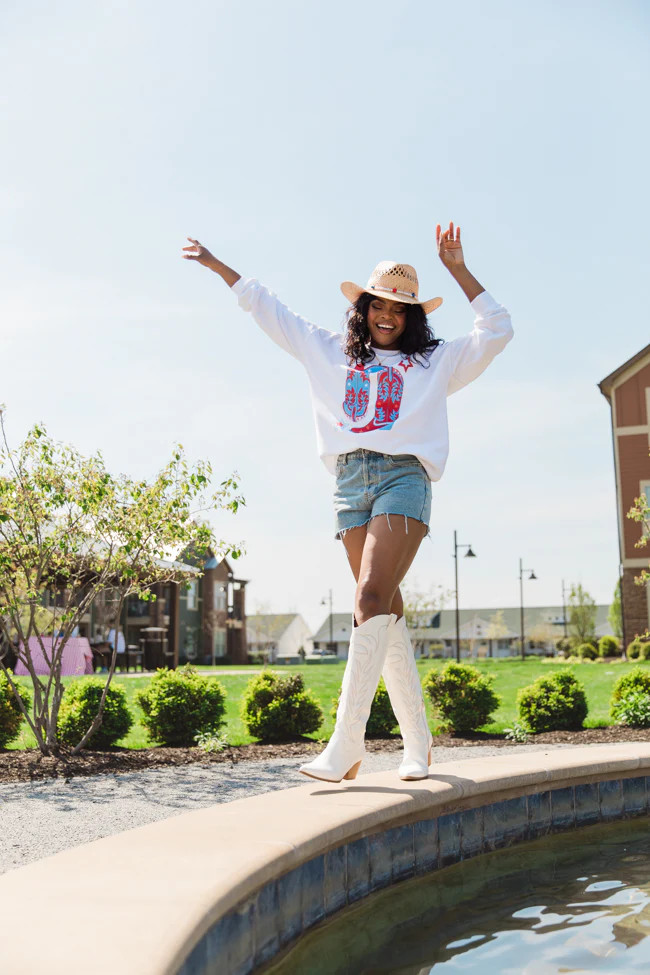 Red White and Boots White Oversized Graphic Sweatshirt DOORBUSTER | Pink Lily