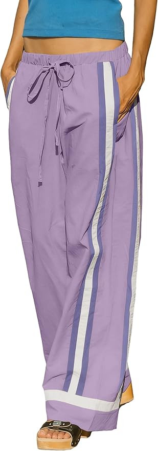 Women's Elastic Waist Wide Leg Trousers Stripe Pants Contrast Colors Casual Mid Rise Sweatpants w... | Amazon (US)
