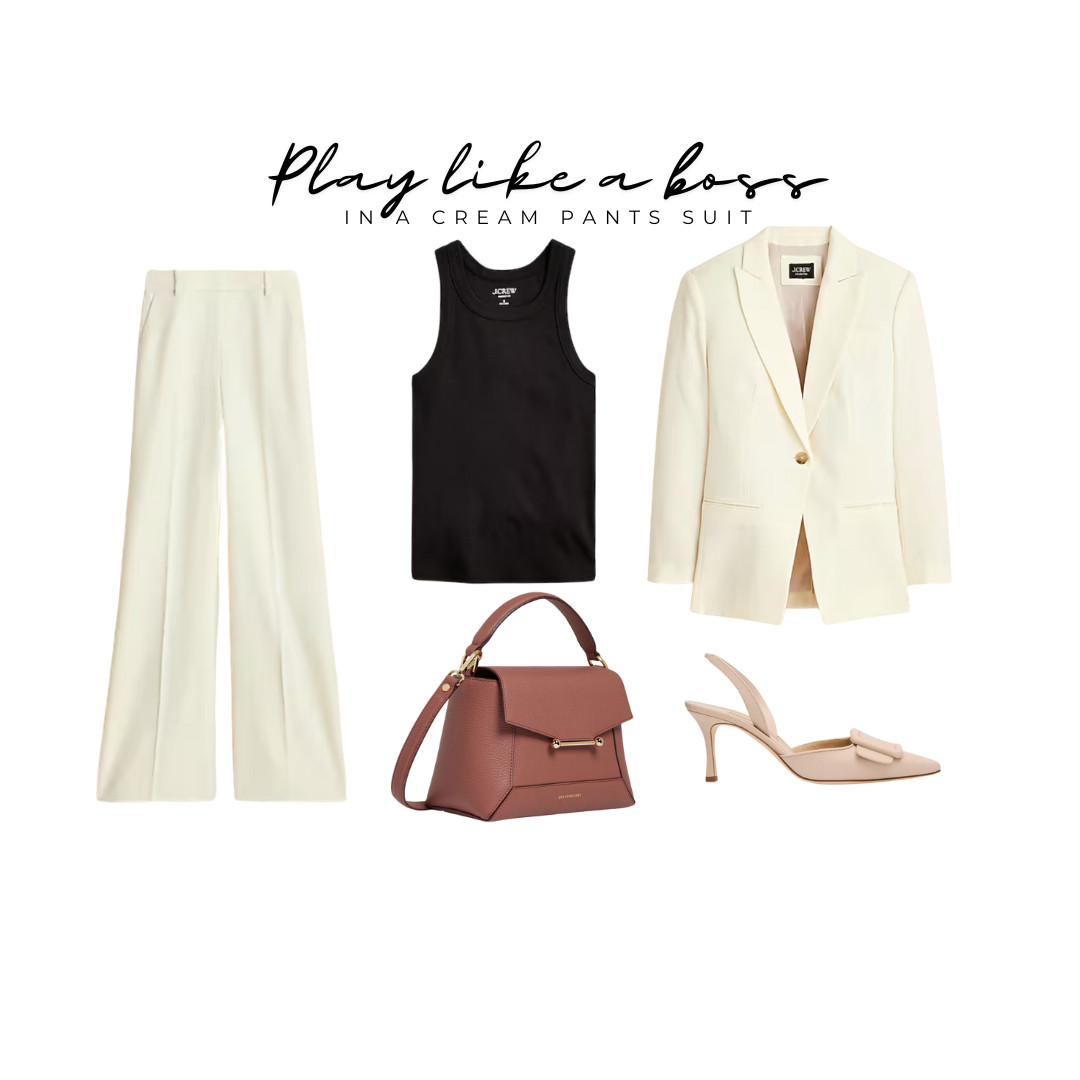 Cream pants, cream suit, white pants, Spring suit, Spring pants, elegant styles, strathberry bag, light color suit 

 #LTKSeasonal