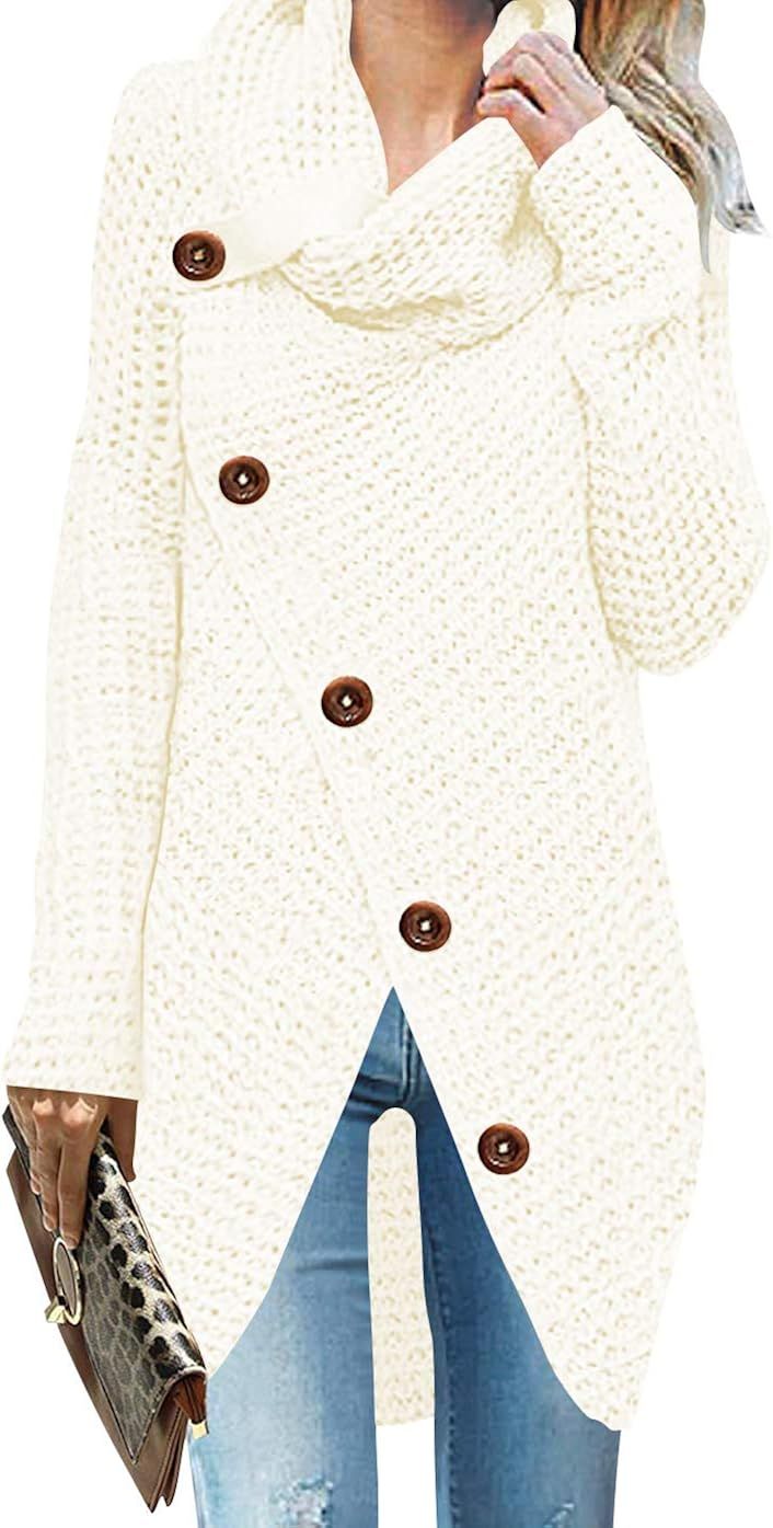 Fanyarie Women's Chunky Button Turtle Cowl Neck Asymmetric Hem Wrap Pullover Sweater Dress | Amazon (US)