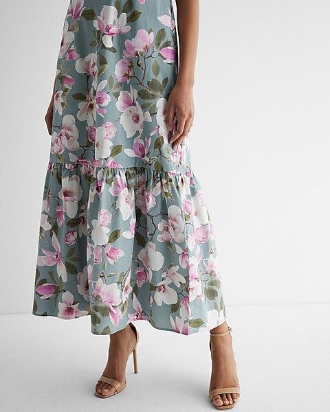 Floral Print Square Neck Tiered Poplin Maxi Dress | Express