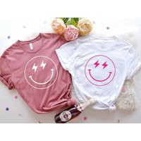 Retro Preppy Smiley Face Shirt | Y2K Aesthetic Lightning Bolt Shirt, Trendy Pink Crewneck Tee, Vsco  | Etsy (US)