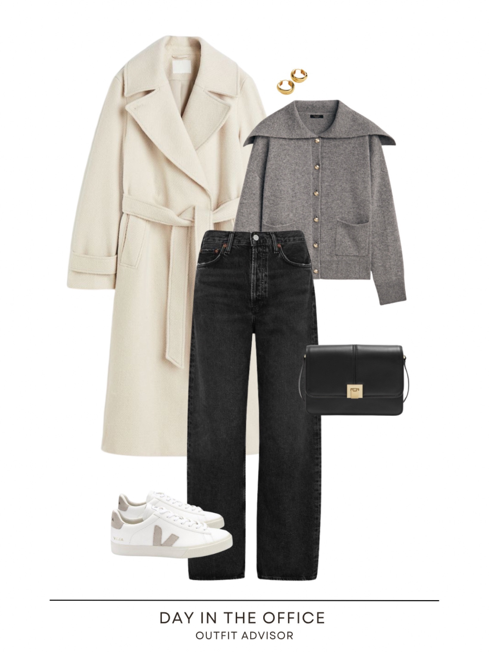 Chic winter office outfit- a beige h&m belted coat, brown massimo dutti cardigan, black jeans, veja sneakers, a black crossbody bag from & other stories and gold hoop earrings

#LTKstyletip #LTKitbag #LTKworkwear