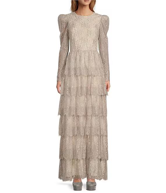 x Born on Fifth Clara Metallic Lace Long Sleeve Tiered Ruffle Maxi Dress | Dillard's