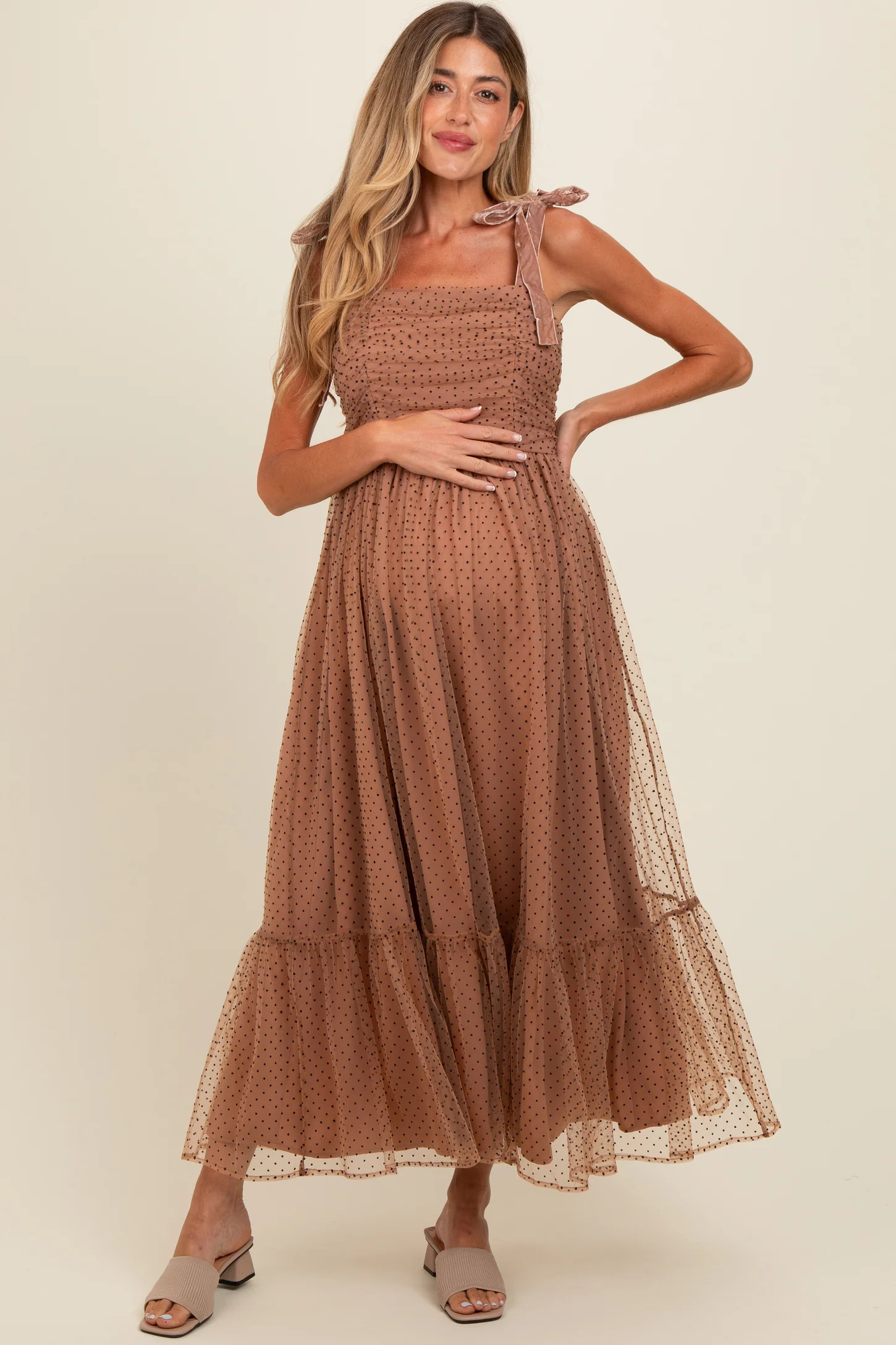 Camel Dotted Mesh Overlay Shoulder Tie Maternity Midi Dress | PinkBlush Maternity