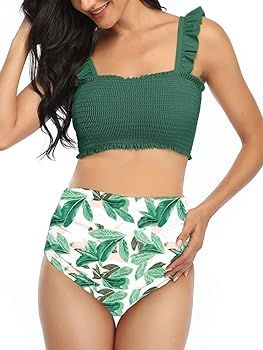 Maternity High Waist Bikini Swimsuit Two Piece Ruffled Hem Cute Floral Bathing Suit | Amazon (US)