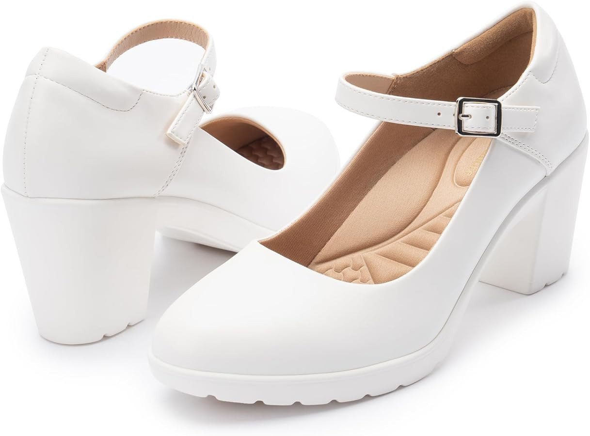 Mary Jane Heels with Arch Support, Closed Round Toe Chunky Pumps for Women, Comfortable Block Hee... | Amazon (US)