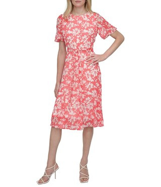 DKNY by Donna Karan Woven Floral Print Crew Neck Short Sleeve Waist Tie Fit and Flare Midi Dress | Dillard's