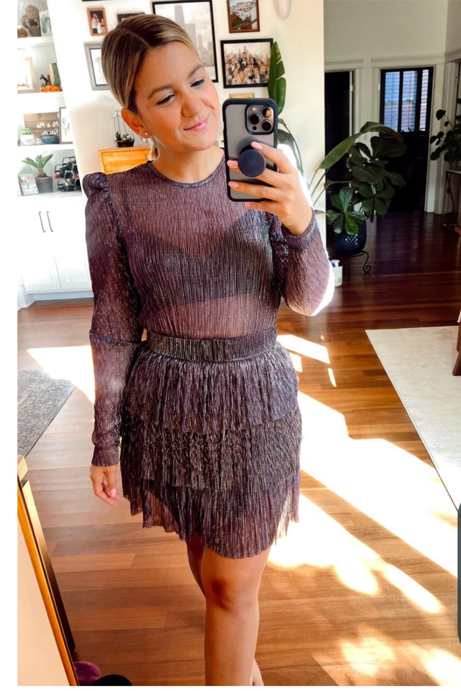 Fun wedding guest dress - New Year’s Eve wedding guest dress

Runs true to size, wearing a size small. The sleeves are a little long but otherwise very petite friendly! No lining in the top so you need to figure that part out yourself! (Just wearing a black bra here) 

#LTKwedding