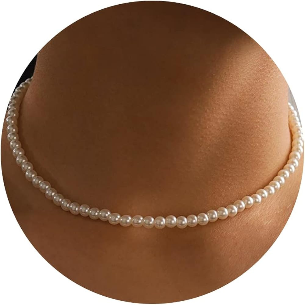 Pearl Necklace for Women,4-8MM Dainty Round Imitation Pearl Choker Necklace Wedding Pearl Necklac... | Amazon (US)