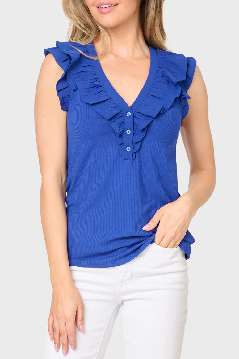 Ruffles For Days Mixed Media Henley Knit Top | Gibsonlook