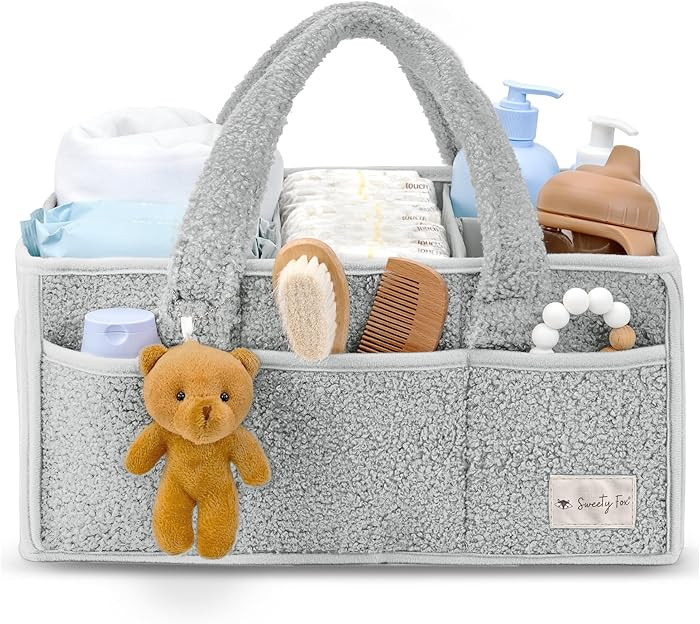 Sweety Fox Baby Diaper Caddy Organizer with Handle - Portable Sherpa Nursery Basket - Car Diaper ... | Amazon (US)