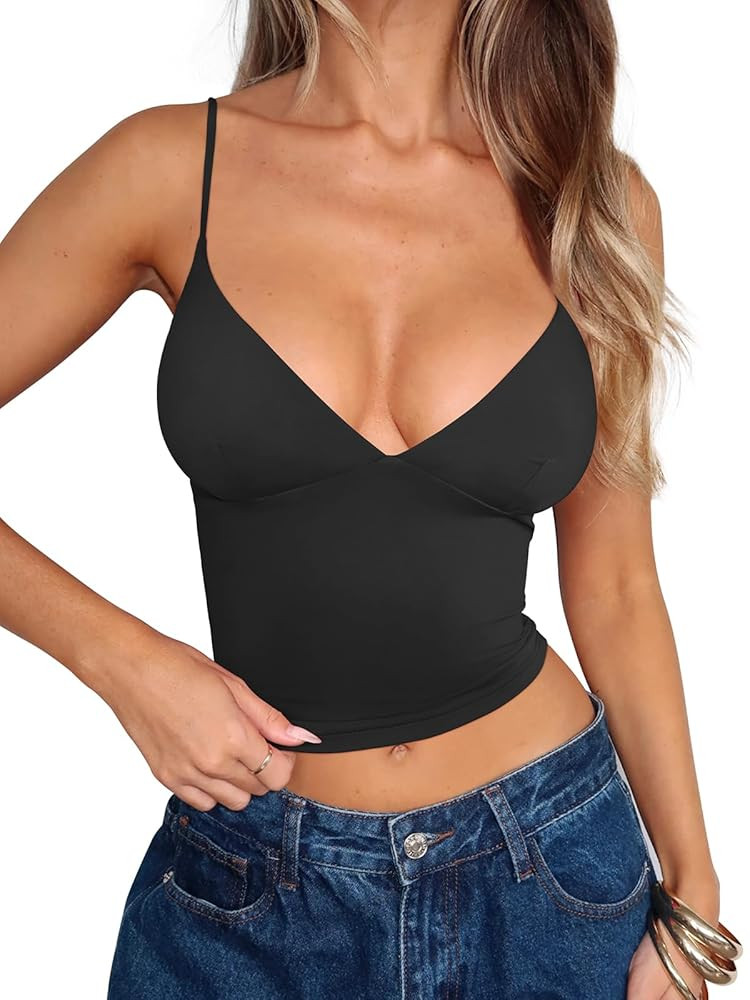 REORIA Women Sexy V Neck Tank Top Summer Y2K Going Out Tops Casual Sleeveless Fitted Basic Cami S... | Amazon (US)
