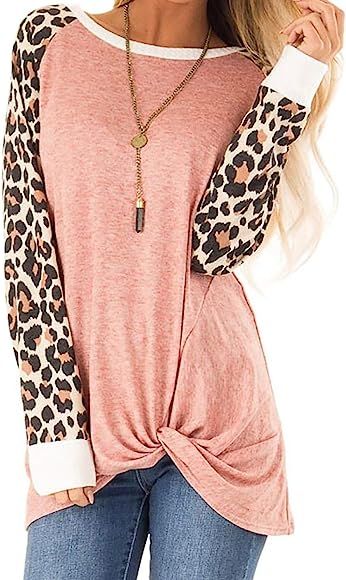 MOPOOGOSS Women's Short Neck Leopard Long Sleeve Color Block Casual Loose T Shirt Tops Tee | Amazon (US)
