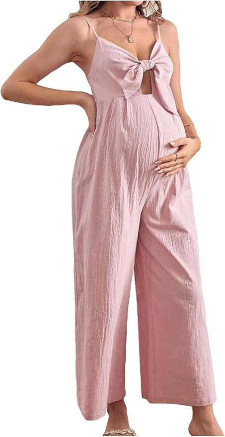 Women's Maternity Tie Front Cut Out Loose Cami Romper Spaghetti Strap Summer Long Jumpsuit | Amazon (US)