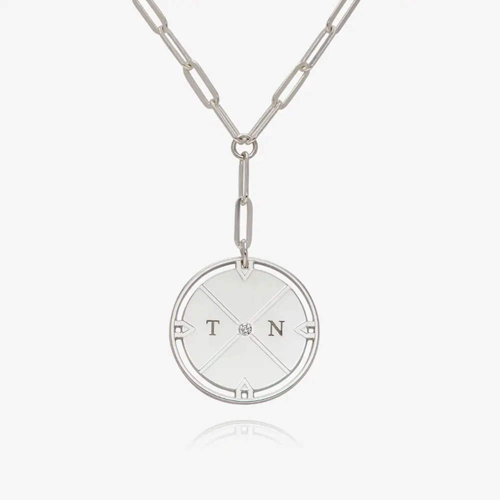 Engraved Compass Necklace with Diamond - Silver | Oak & Luna (US)