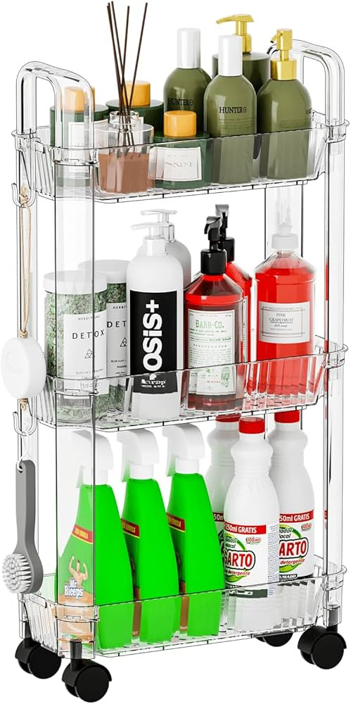 3 Tier Rolling Cart with Wheels,Clear Bathroom Storage Organizer,Narrow Laundry Room Storage and ... | Amazon (US)