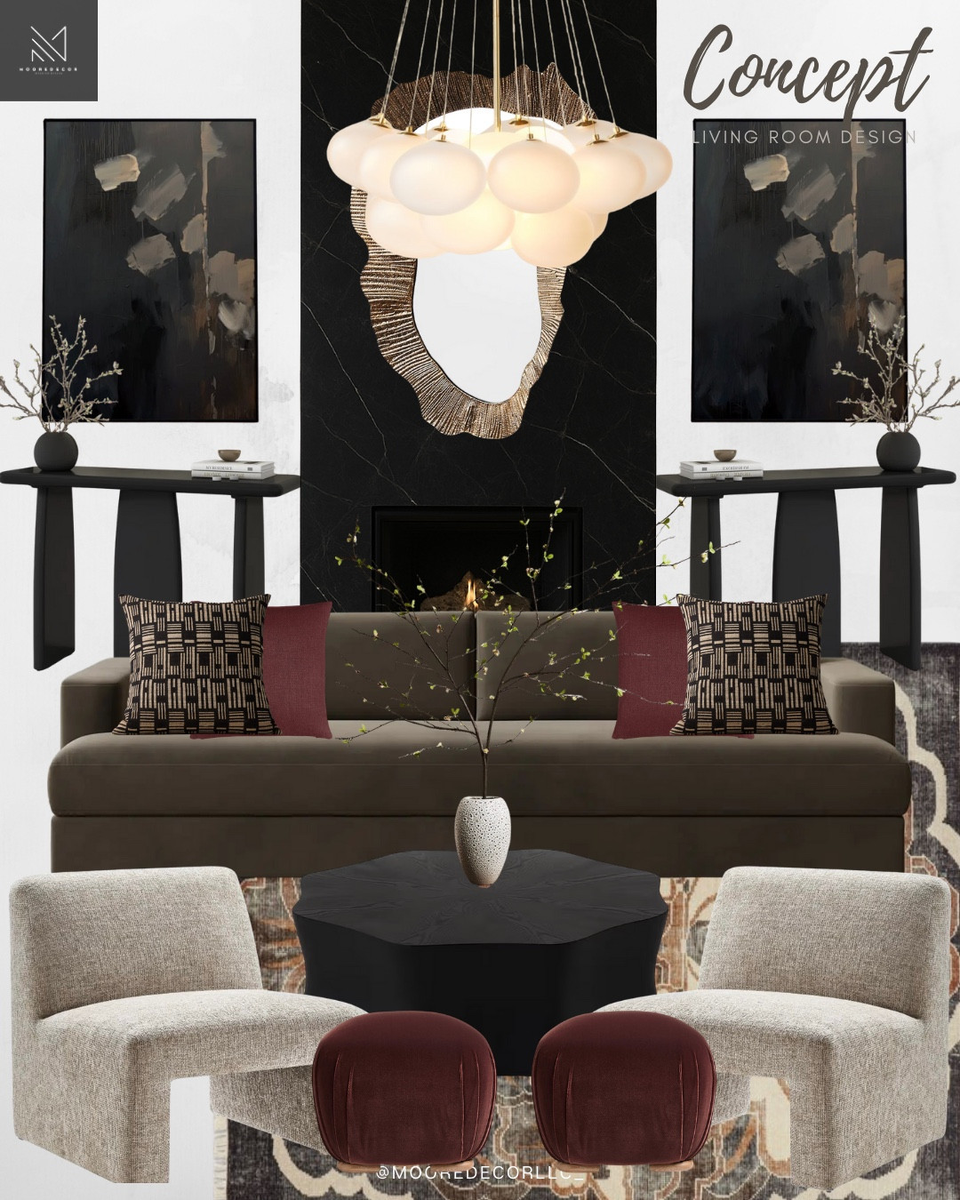 Mood Board Monday: Transitional Modern Living Room
A curated mix of rich neutrals, bold accents, sculptural furniture, and a striking black fireplace wall. Everything is linked for easy shopping—so you can recreate this warm, refined, modern look in your own home.
Tap to shop the sofa, accent chairs, lighting, rug, console tables, and accessories.#TransitionalModern #LivingRoomDesign #LTKMoodBoardMonday #MooreDecor

#LTKHome #LTKHome #LTKSaleAlert #LTKCyberWeek