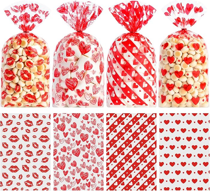 PINWATT 100 Pieces Valentines Day Cellophane Bags, Clear Cellophane Candy Treat Bags with Twist T... | Amazon (US)