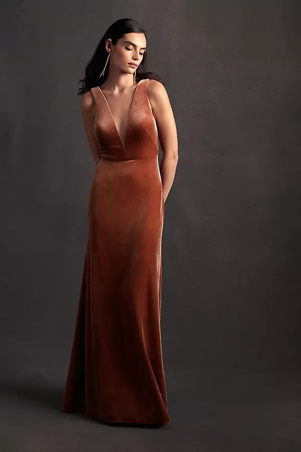 Jenny Yoo Logan Deep-V Velvet Column Gown By Jenny Yoo in Pink Size 2 | Anthropologie (US)