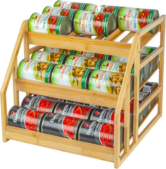 MinBoo Bamboo Can Rack Organizer, Kitchen Pantry Storage, 36 Can Capacity, Tilt Design | Amazon (US)