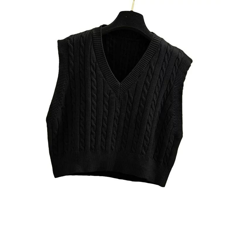 Mafulus Women's V-Neck Knit Sweater Vest Solid Color Argyle Preppy Style Sleeveless Crop Knit Pul... | Walmart (US)