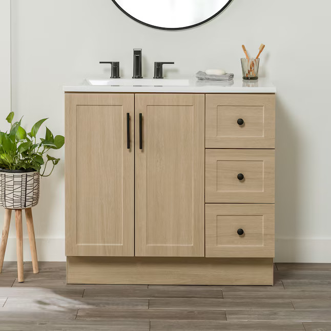 Project Source Davies 36-in Beige Oak Single Sink Bathroom Vanity with White Cultured Marble Top | Lowe's