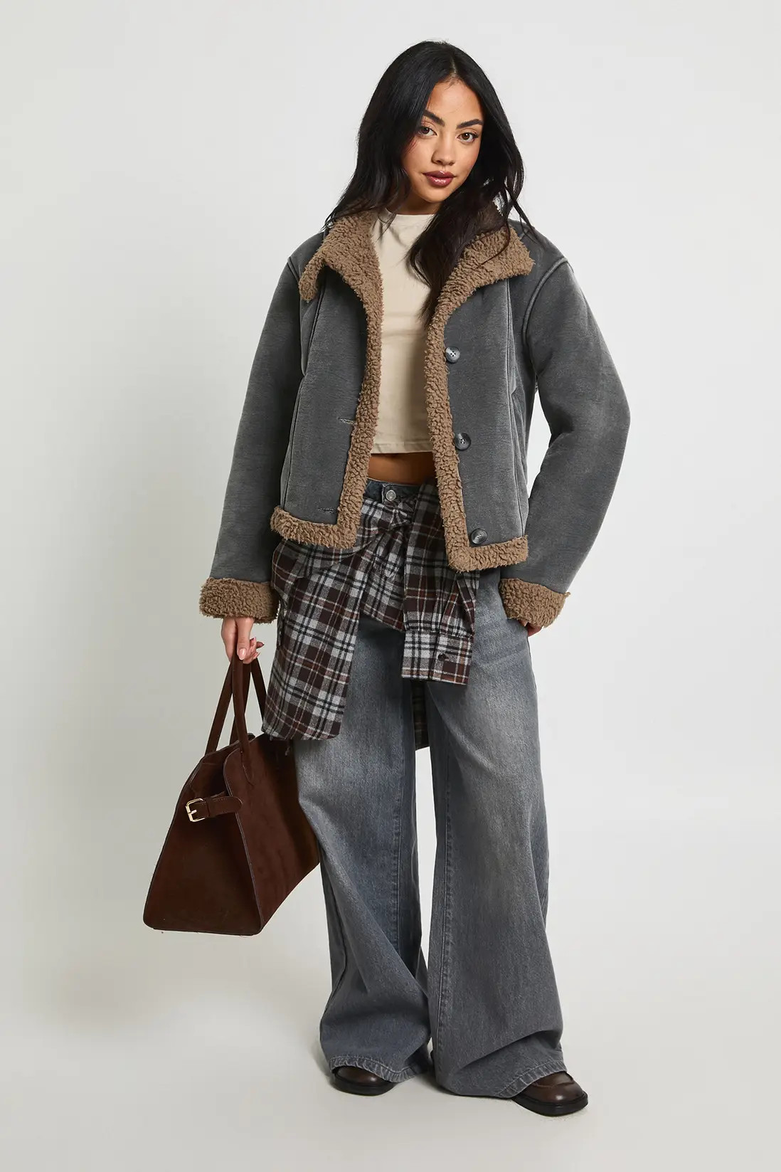 Fur Detail Suede High Neck Aviator Jacket | boohoo (US & Canada)