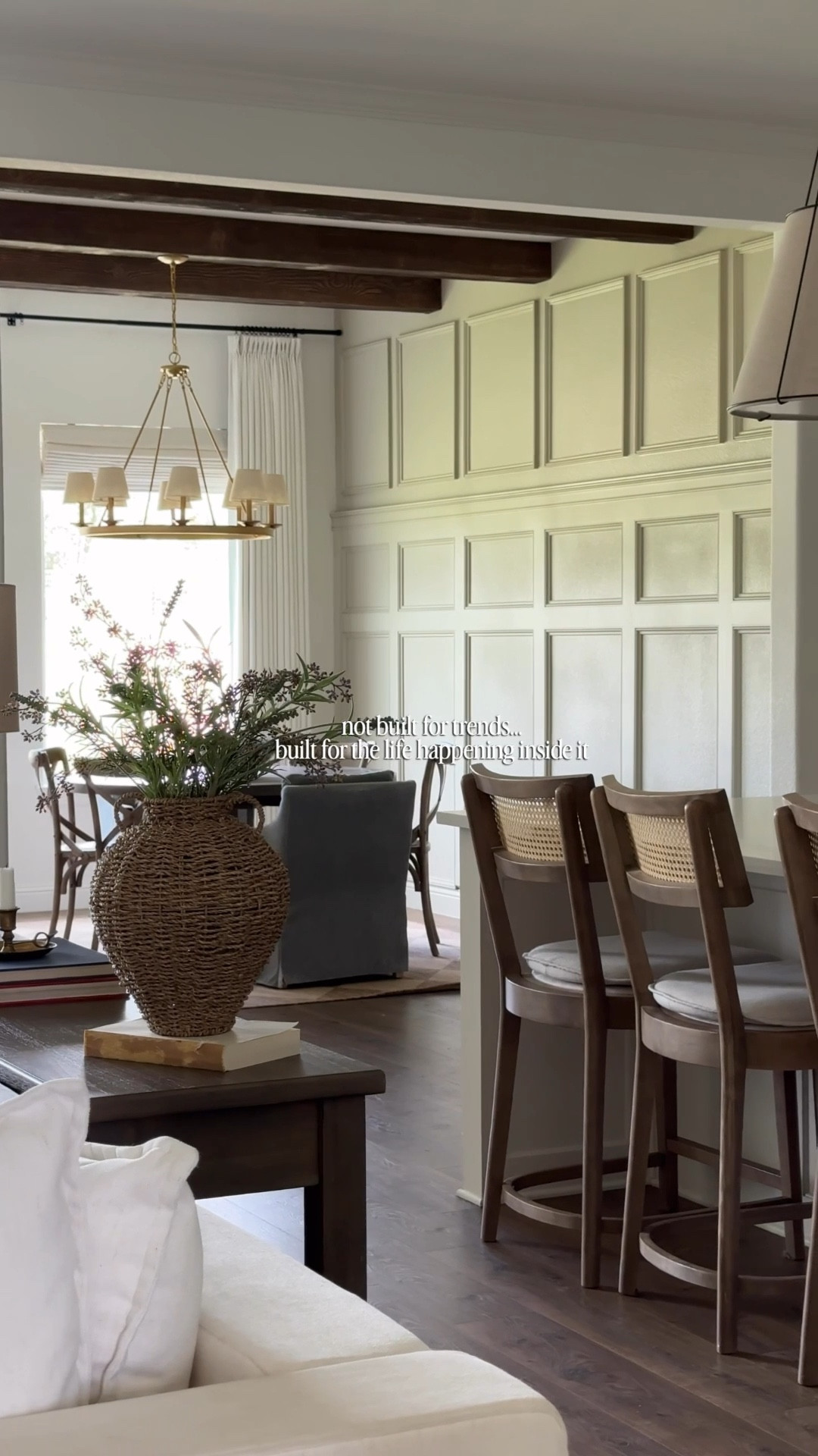 Modern farm house, pendant lights, home decor, barstools, sconces, lighting, cabinets table, living room, white kitchen, wood shelves 