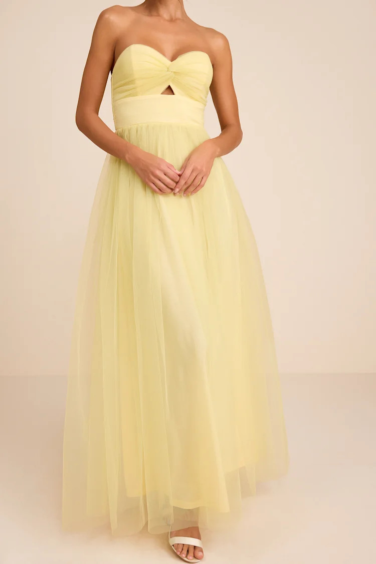 Lyssa Pale Yellow Tulle Strapless Cutout Maxi Dress | Lulus