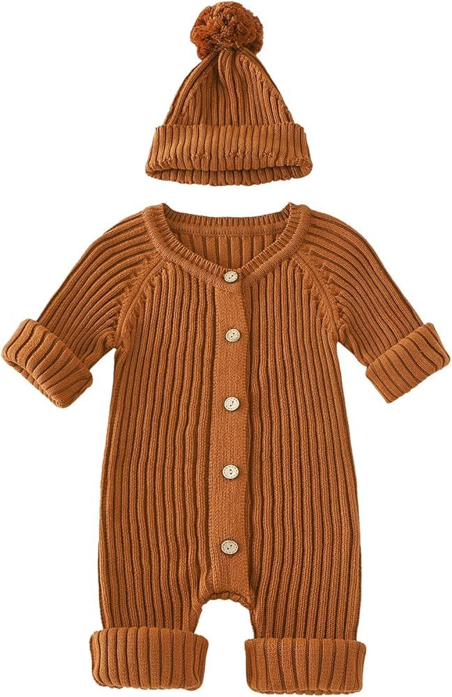 Baby Boy Girl Sweater Romper Infant Button Solid Color Knitted Jumpsuit with Hat Fall Winter Clothes | Amazon (US)