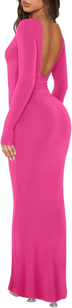 REORIA Womens Sexy V Backless Soft Lounge Long Dress Fall Casual Boat Neck Long Sleeve Ribbed Bod... | Amazon (US)