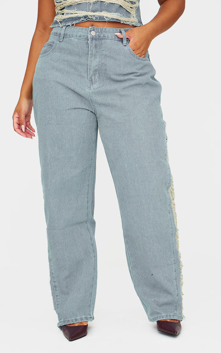 Plus Vintage Wash Extreme Fraying Detail Wide Leg Denim Jeans | PrettyLittleThing UK